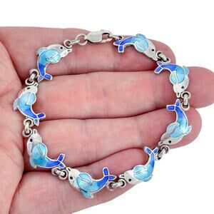 Vintage Sterling Silver 925 Blue Enamel Dolphin Bracelet 8"